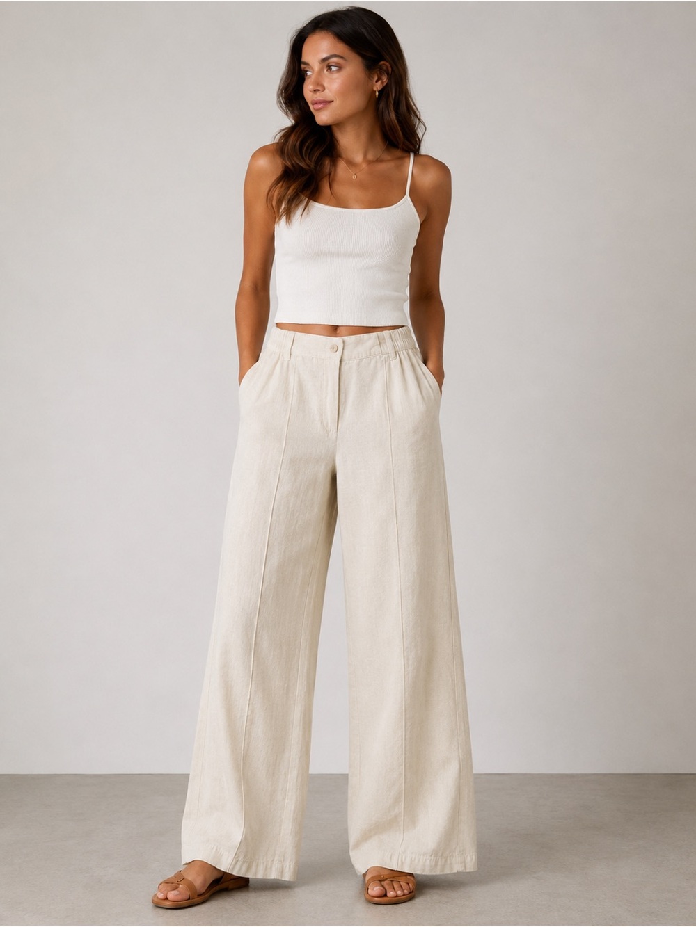 Calzedonia Cream Wide Leg Linen Pants Elastic Waist Coastal Minimalist Trousers
